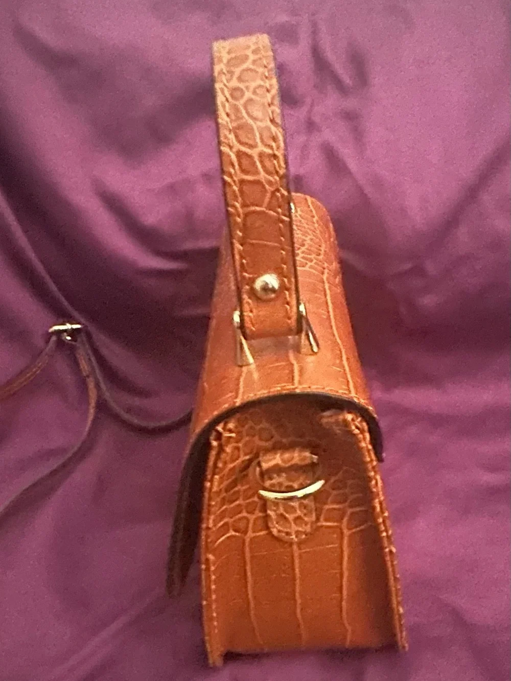 Italian Leather Croc-Embossed Top-Handle Bag in Brown